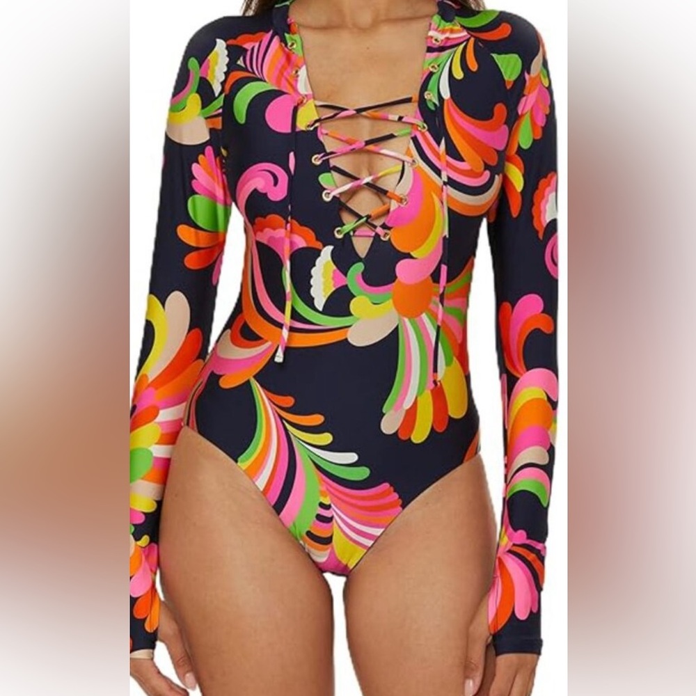 Trina Turk Lace Up Long-Sleeve Paddle  Swimsuit “Palms Paradise” size M NWT